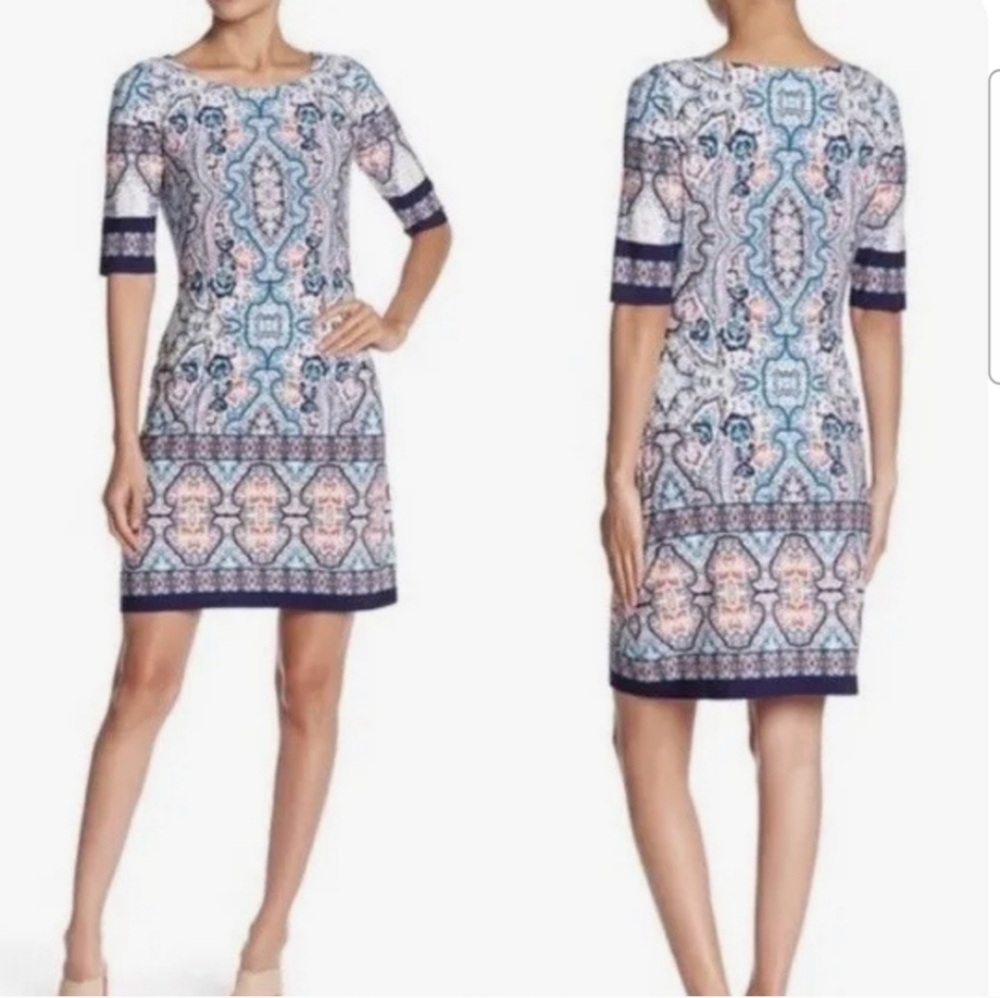 Eliza J Printed Sheath Dress in Blue, Pink, Navy
